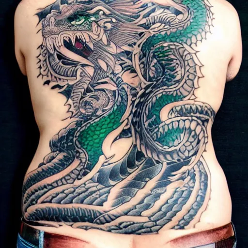 Prompt: yakuza back tattoo. emerald dragon. ap photo. studio lighting, even composition, professional camera