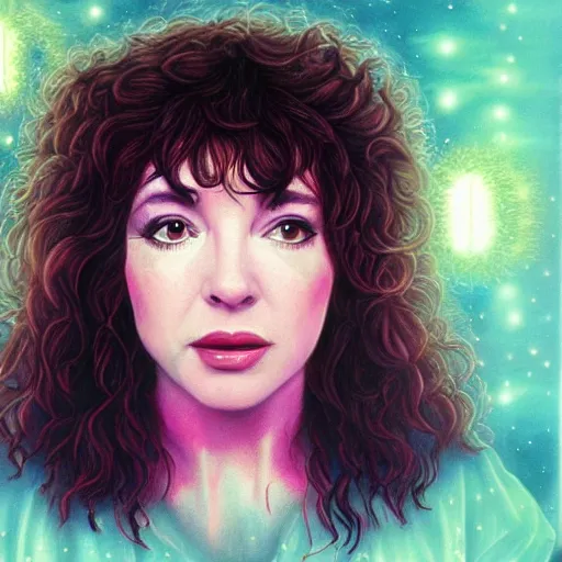 Prompt: kate bush in stranger things, exquisite airbrush painting from the eighties, intricate detail, artstation,