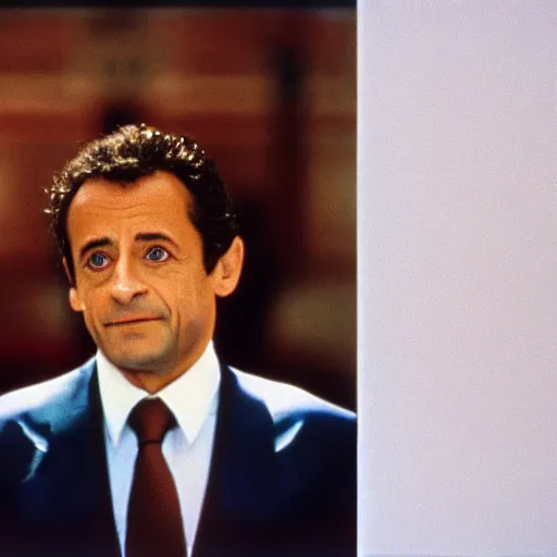 Prompt: 80s movie still portrait of Nicolas Sarkozy, cinestill 800t 120mm long distance, lowest quality many artefact blurry, VHSrip