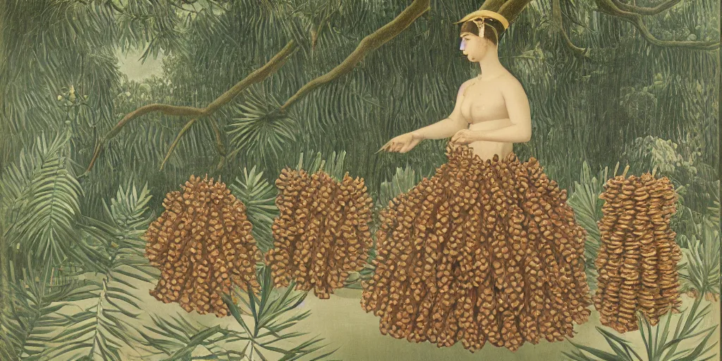 Image similar to a beautiful illustration of a costume made of pinecones, by henri Rousseau, 8k, 4k