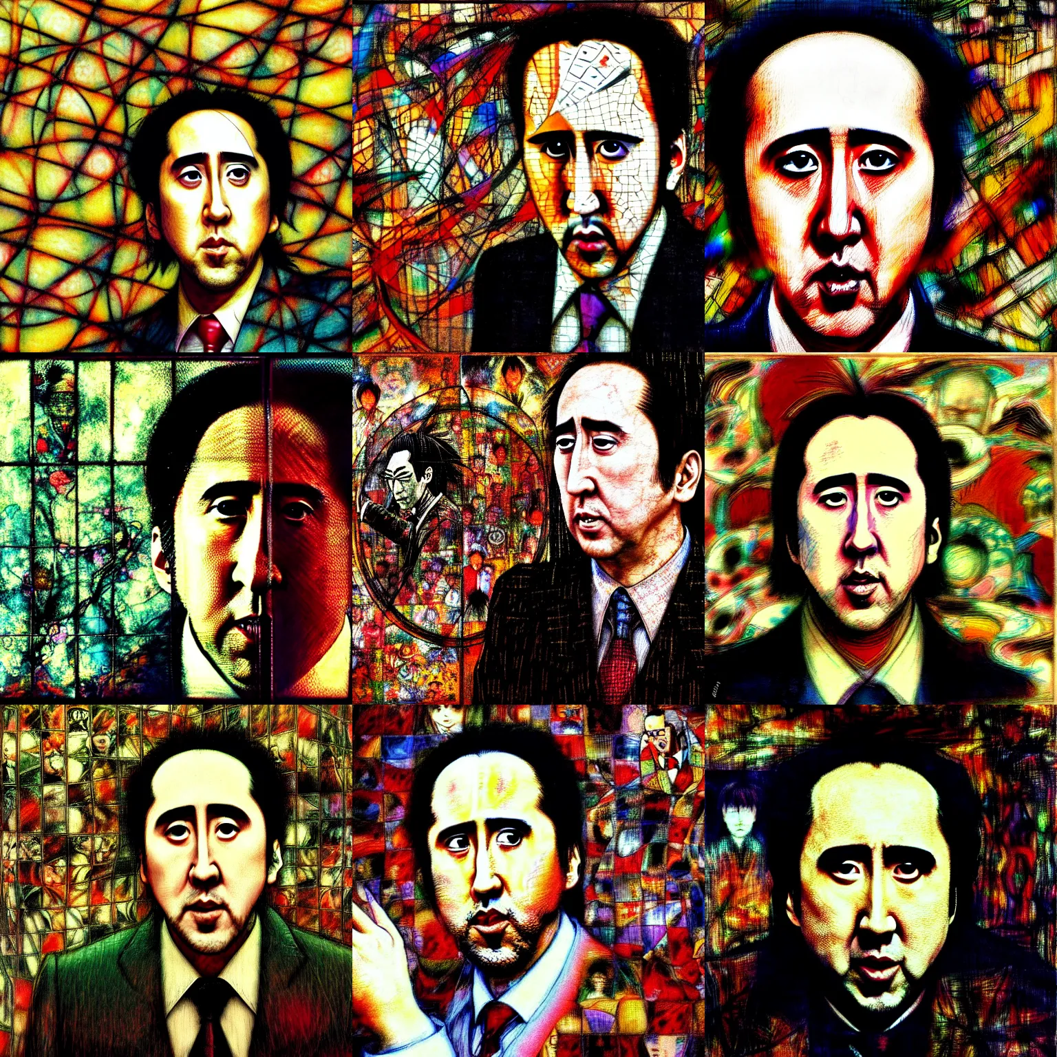 Prompt: yoshitaka amano blurred and dreamy realistic three quarter angle portrait of a nicolas cage wearing dress suit with tie, junji ito abstract patterns in the background, satoshi kon anime, noisy film grain effect, highly detailed, renaissance oil painting, weird portrait angle, blurred lost edges