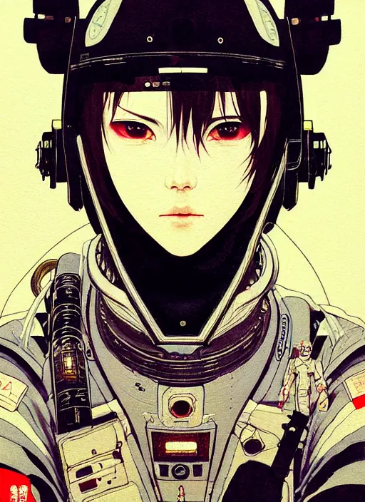 Image similar to a beautiful ukiyo painting of cyberpunk battle space pilot, wearing space techwear, detailed close up portrait, intricate complexity, concept art, by takato yamamoto, wlop, krenz cushart. cinematic dramatic atmosphere, sharp focus