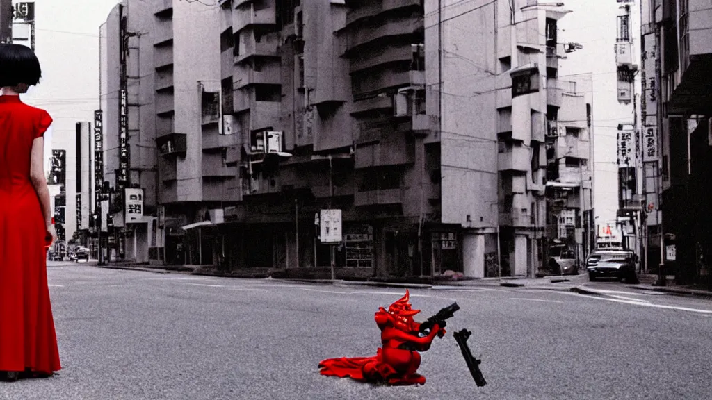 Image similar to a woman in a red dress wearing a red demon mask standing alone on an empty street in downtown Tokyo with a gun, film still from the an anime directed by Katsuhiro Otomo with art direction by Salvador Dalí, wide lens