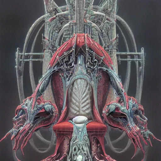 Prompt: biomechanical throne with alienic king connected to it by wayne barlowe