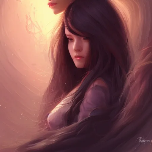 Image similar to teen girl, long black hair, gorgeous round face, brown pollover, amazing, elegant, intricate, highly detailed, digital painting, artstation, concept art, sharp focus, illustration, art by ross tran