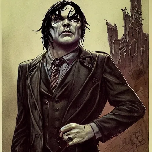 Prompt: beautiful portrait commission of a horrifying jack black, fine clothes in a vintage gothic style. black hair. pale skin, black makeup. character design by Bruce Pennington, detailed, inked, western comic book art