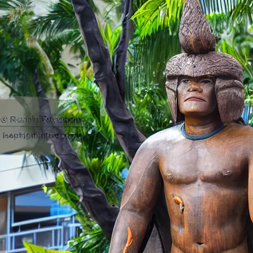 Image similar to Matt Damon as Duke Kahanamuku statue in Waikiki, cinematic, lush, Kalakaua Avenue in Waikiki, high detailed