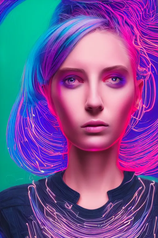 Image similar to a award winning half body portrait of a beautiful woman with stunning eyes in a croptop and cargo pants with ombre purple pink teal hairstyle and hands in pockets by thomas danthony, surrounded by whirling illuminated lines, outrun, vaporware, shaded flat illustration, digital art, trending on artstation, highly detailed, fine detail, intricate