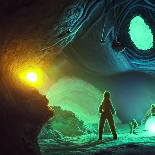 Image similar to a crew of space explorers enter inside a alien nest full of hatching eggs, dark cave, green bioluminescent light, futuristic, realistic, highly detailed, real picture