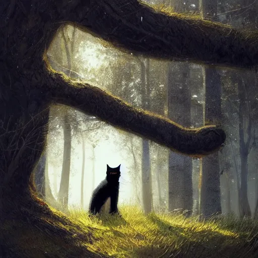 Image similar to a black cat looking curiously, there is a forest in the background, texture, intricate, details, highly detailed, greg rutkowski style, masterpiece, architecture, building, trending on artstation, focus, sharp focus, concept art, digital painting, fantasy, sunny, day, golden hour