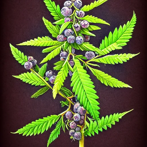 Image similar to botanical drawing of blueberry kush. Traditional art. Rustic. Nordic. 4K. Trending on artstation. Detailed Bushy. Nature. Artistic.