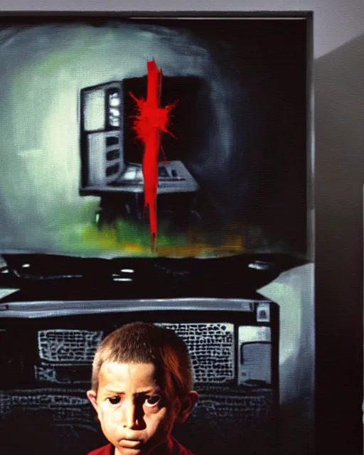 Image similar to an 8 years old enlightened and scared boy standing in front of an old computer with a game doom2 at the monitor screen painted by Adrian Ghenie, by Gerhard Richter. still from a 2021 movie by James Cameron. expressive acrylic oil flowing smudged painting