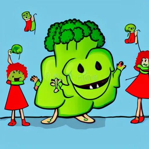 Image similar to dancing broccoli, he is very happy, smiling, children illustration, 2D