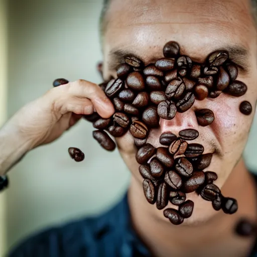 Prompt: coffee beans on a man's face