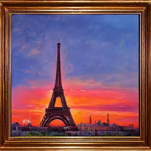 Image similar to the Eiffel Tower at sunset, trending on art-station, oil painting, busy