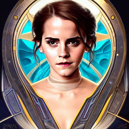 Image similar to beautiful detailed picture of emma watson as a star fleet officer from star trek next generation, radiant light, art nouveau, intricate, elegant, highly detailed, symmetrical face, my rendition, digital painting, artstation, concept art, smooth, sharp focus, illustration, art by artgerm and greg rutkowski and alphonse mucha