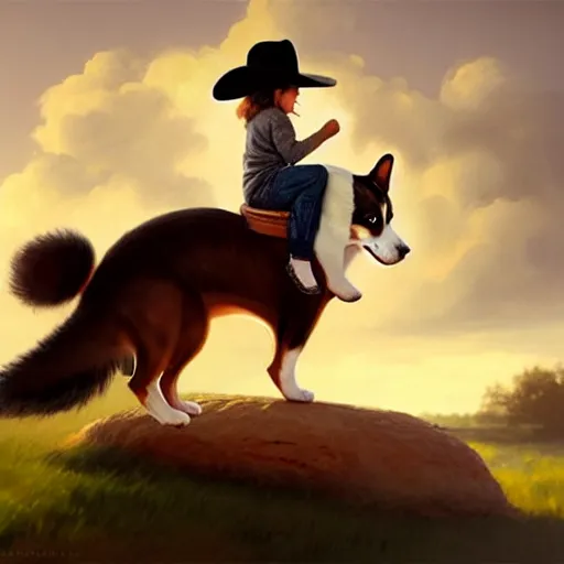 Prompt: tiny cat as a girl in cowboy hat riding on the back of a giant corgi by greg rutkowski