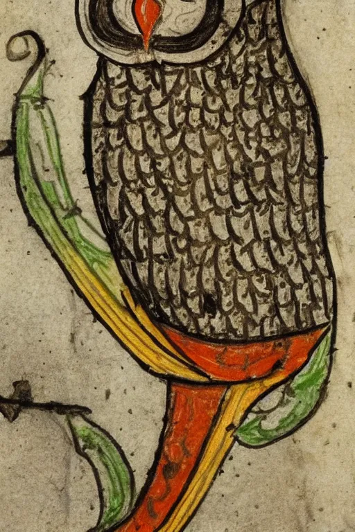 Prompt: Terrible Medieval Drawings of an Owl from an illuminated manuscript.