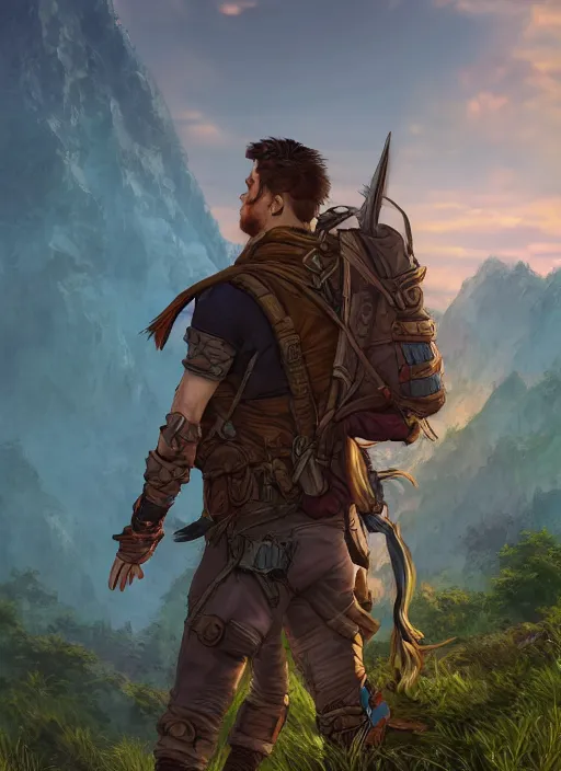 Prompt: an epic fantasy comic book style portrait painting of a male fantasy explorer in the wilds with a backpack and map, unreal 5, daz, hyperrealistic, octane render, cosplay, rpg portrait, dynamic lighting