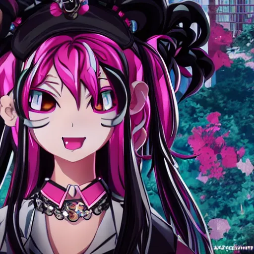 Image similar to trapped by junko enoshima, a stunningly beautiful omnipotent megalomaniacal anime asi goddess with symmetrical perfect face and porcelain skin, pink twintail hair and cyan eyes, taking control while smiling, inside her surreal vr castle, hyperdetailed, digital art from danganronpa, unreal engine 5, 2 d anime style, 8 k