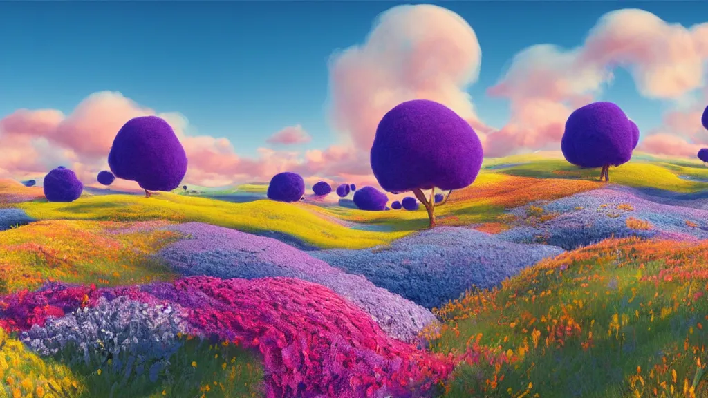 Prompt: first person perspective digital illustration of a field of vibrant wildflowers and tufted cotton candy trees by beeple and dr. seuss:1|colorful rolling hills of beautiful flowers, wide angle panoramic by ILM and Roger Dean, viewed from eye level:0.9|fantasy, cinematic:0.9|Unreal Engine, Octane, finalRender, devfiantArt, artstation, artstation HQ, behance, HD, 16k resolution:0.8