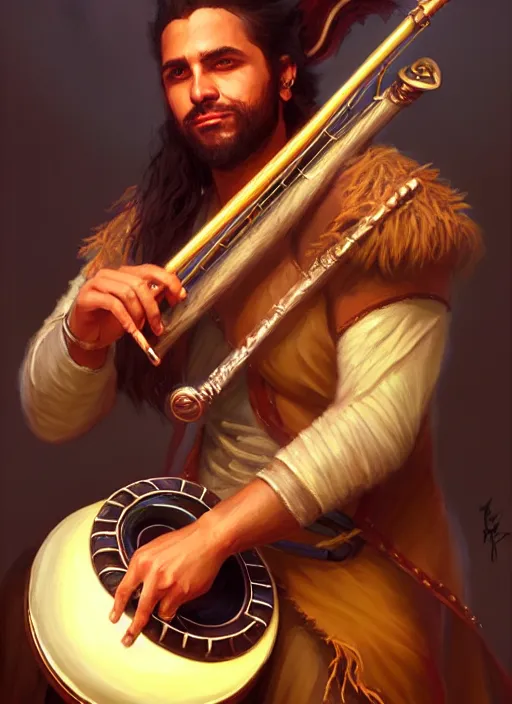 Image similar to a _ fantasy _ style _ portrait _ painting _ of islander male charismatic bard playing instrument, rpg dnd oil _ painting _ unreal _ 5 _ daz. _ rpg _ portrait _ extremely _ detailed _ artgerm _ greg _ rutkowski _ greg