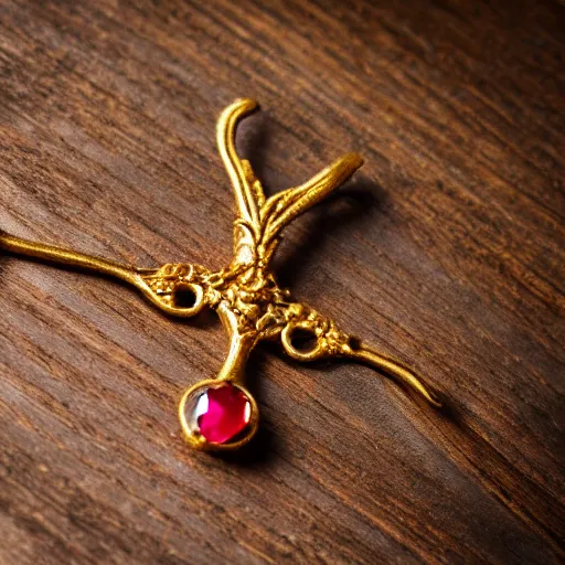 Prompt: macro shot of an intricately detailed golden hanger with an embedded ruby gem, lying on a oak table indoors, sunlit day, f 1. 4