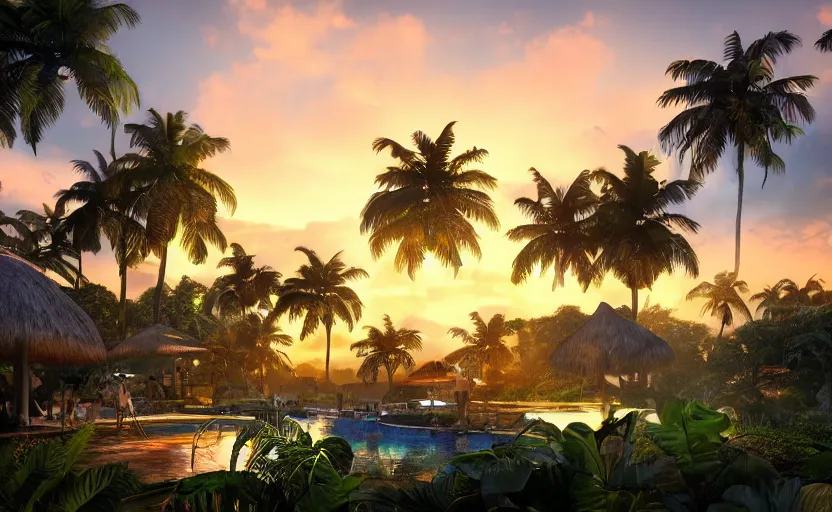 Image similar to a tropical resort in a jungle paradise, with a beautiful red and blue sunset, dynamic lighting, photorealistic fantasy concept art, trending on art station, stunning visuals, creative, cinematic, ultra detailed, ray tracing, sun rays