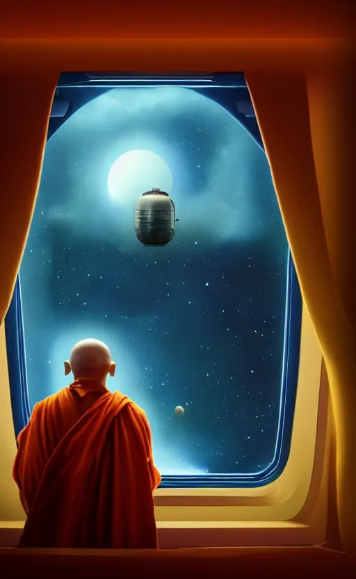 Image similar to portrait of an old monk in a spaceship, looking out the window at a planet, orange robe, dramatic lighting, artstation, matte painting, johannes vermeer