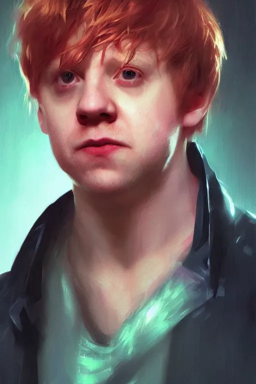 Image similar to portrait of Rupert Grint as Ron Wisly in cyberpunk, neon lighting, night city, digital art from artstation by Ruan Jia and Mandy Jurgens and Artgerm and william-adolphe bouguereau and Greg Rutkowski