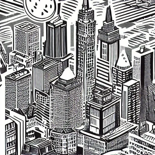 Image similar to mcbess illustration of detailed a cityscape, monocolor, linocut, retrofuturistic, metropolitan, realistic
