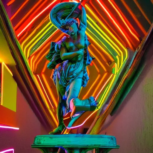 Image similar to renaissance statue surrounded by neon abstract art, highly detailed