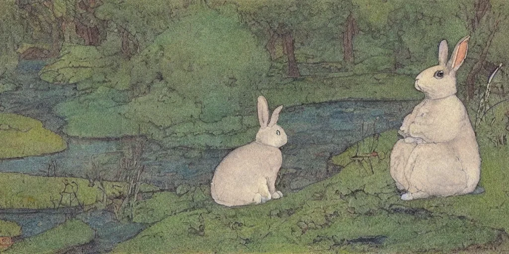 Image similar to a rabbit sitting by a pond, in the style of john bauer