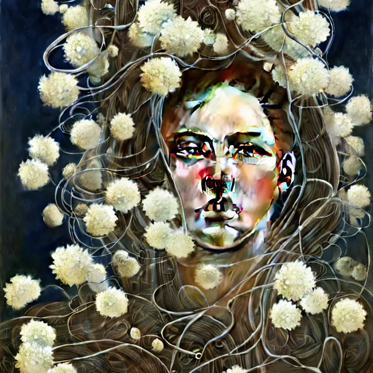 Image similar to hyperrealist realistic wonderful face portrait of a 2 0 4 4 space sport engineer, it is decorated with long wires and white flowers that fall like vines and wears a huge computer crown. by jeremy mann and alphonse mucha, fantasy art, photo realistic, dynamic lighting, artstation, poster, volumetric lighting, very detailed faces, 4 k, award winning