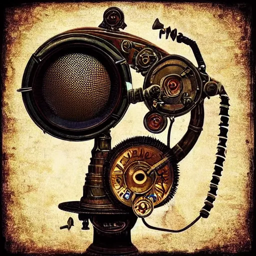 Prompt: “Old steampunk gramophone with antique loudspeakers and lots of wires. Dark, intricate, highly detailed, smooth, 18th century poster in style of Stanislav Vovchuk”