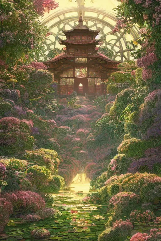 Image similar to a beautiful hyperdetailed illustration of absolutely beautiful blooming flower house alone, perfectly shaded, atmospheric lighting, style of studio ghibli, makoto shinkai, raphael lacoste, louis comfort tiffany, artgerm, james jean, victo ngai, ross tran, chinese style