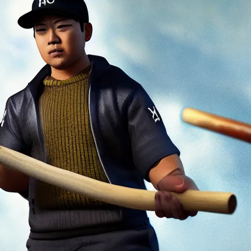 Prompt: shiba inu holding a baseball bat on his hand, cinematic lightning, 4 k, ultra detailed, trending on artstation, masterpiece, digital art.