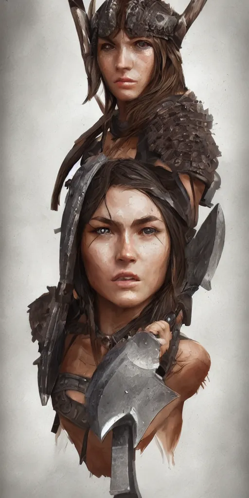 Image similar to head and shoulders portrait of a barbarian female, ultra sharp, very detailed, high quality focus by wlop