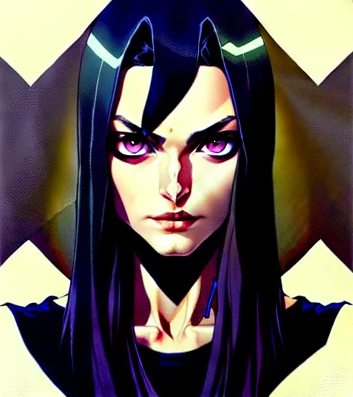 Image similar to artgerm, joshua middleton comic cover art, pretty friendly sweet kind phoebe tonkin eye of horus painted under one of her eyes, young, attractive, slim, she has very pale skin long black hair, she prefers to dress casually and she wears black clothing