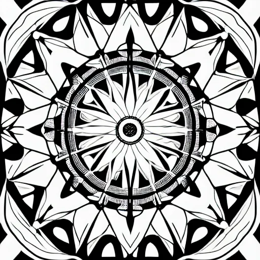 Image similar to a circular mandala with five symbolic hot air balloons equally spaced in a radial hexagonal configuration around a symbolic sun at its center. a precise black and white digital image.