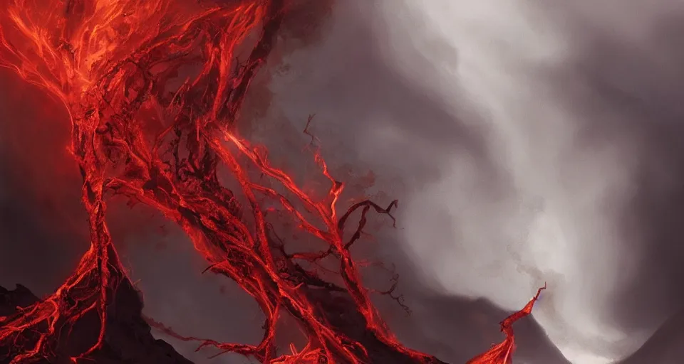 Image similar to a volcano made of ivory vines and crimson rocks enters in eruption, it spits a smoke in the shape of demonic eye, by Charlie bowater