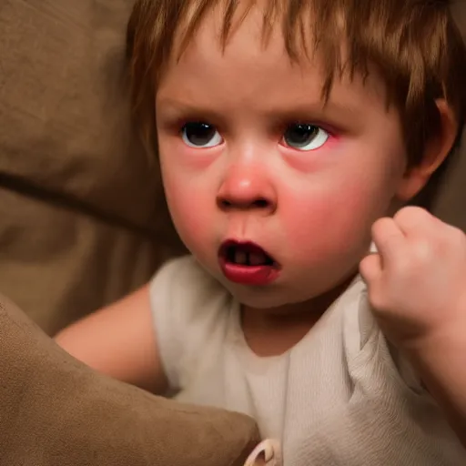 Image similar to an angry toddler, photorealistic, highly detailed, soft lighting, cinematic