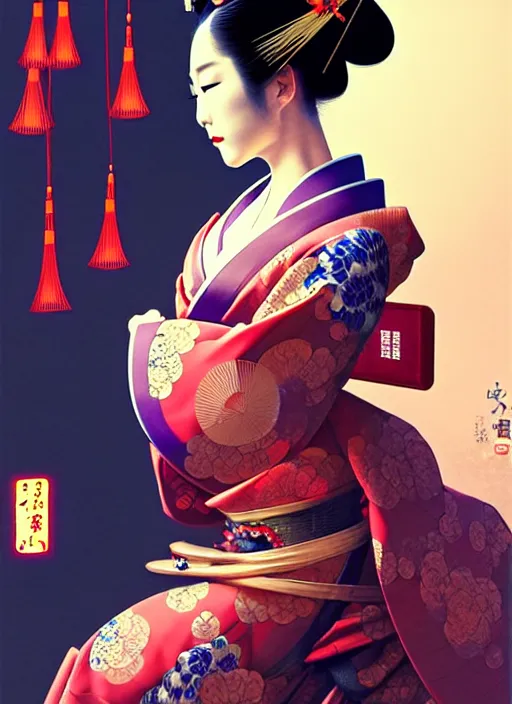 Image similar to sensual japanese geisha wearing vr eyepiece, intricate geisha kimono, robotic, android, cyborg, cyberpunk face, steampunk, fantasy, intricate, elegant, highly detailed, colorful, vivid color, digital photography, cool warm light, artstation, concept art, art by artgerm and greg rutkowski and ruan jia,