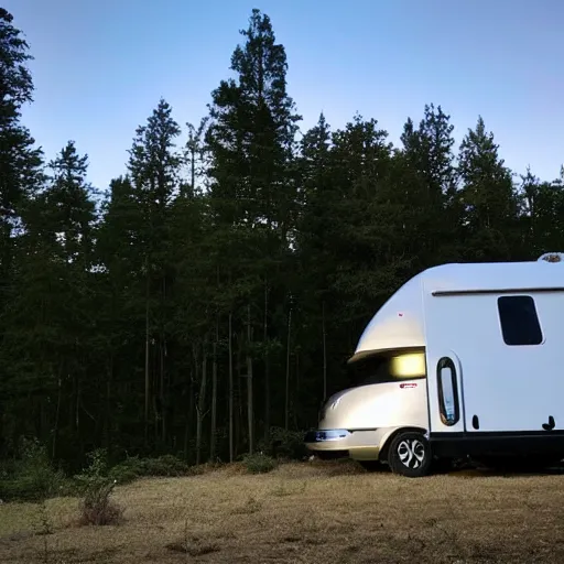 Prompt: a silver metallkc camper in a forest clearing. a long tall pillar of red light raising into the sky in background