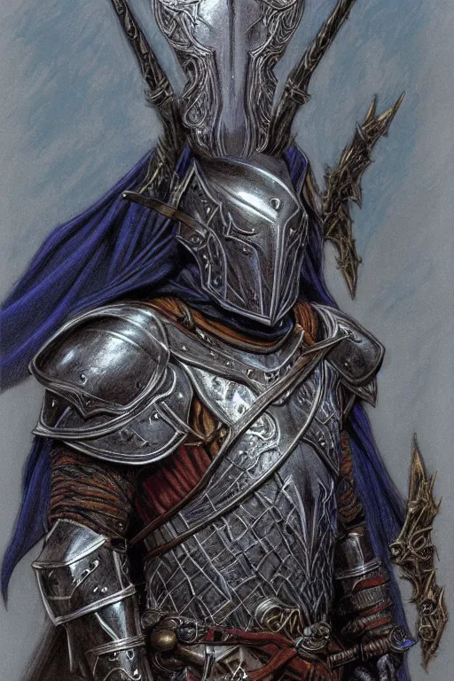 Image similar to half length portrait of an eldrich knight, drow, dark elf, shadar kai, breastplate, magical, male, high fantasy, d & d, by donato giancola, face details, extremely detailed, digital illustration