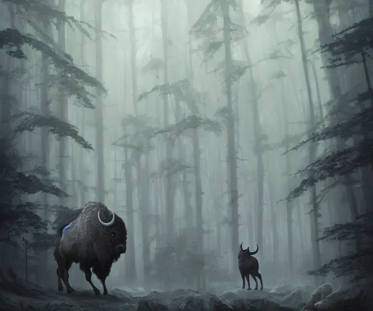 Prompt: a new animal inspired by bison, horse and shoebill, digital art made by makoto shinkai, lois van baarle, greg rutkowski and jakub rebelka, highly detailed, symmetrical, extremely coherent, smooth, shaped focus, dystopian gray forest background