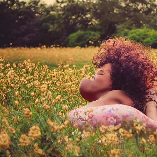 Image similar to pregnant black woman with curly hair in a vast field of flowers, laying down, a tiny black puppy running around, golden hour, vintage, impressionist painting, fine art, oil painting, dreamy, pastel, laughing, happy, intricate details, sharp, peaceful, serene