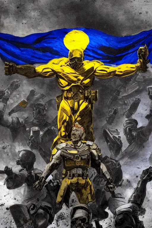 Prompt: A distant front view shot of a super soldier with blue and yellow flag in his hand while he is standing on a huge pile of skulls in triumph because he won the war, head is up, flag in hands up, dark atmosphere, nuclear war, bright rays of light, beams of light, intricate, volumetric lighting, volumetric lights, highly detailed, smooth, artstation, concept art, сinematic lighting, insanely detailed, smooth, sharp focus, Artstation, 8k, unreal engine, hyper realistic, steampunk style, bright background, moonlight, volumetric lighting, wallpaper, digital illustration by Ruan Jia and Mandy Jurgens and Artgerm and Wayne Barlowe and Greg Rutkowski and Frank Frazetta