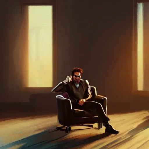 Image similar to concept art of tony stark sitting in an armchair in a room with the setting sun, cinematic shot, painting by jama jurabaev, extremely detailed, brush hard, artstation, high quality, brush stroke