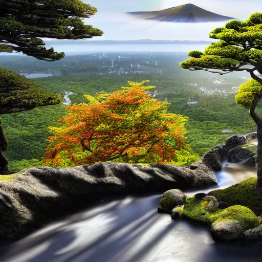 Prompt: view from the mountain top to see a costal city on an alient planet, elven architecture buildings, 8k, wide angle view, hyper realistic, waterfall under bridge, sunlight shining through into the city, zen japanese gardens, sakura trees, japanese autumn tree 18 4k photorealistic, volumetric lighting, HD, high details, dramatic, trending on artstation